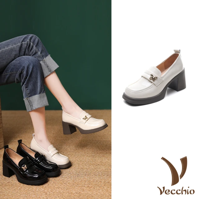 VecchioVecchio 真皮跟鞋 粗跟跟鞋/全真皮頭層牛皮寬楦方頭粗高跟鞋(米)