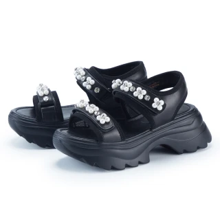 【TAS】珍珠鑽飾雙帶真皮厚底涼鞋(黑色)