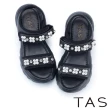 【TAS】珍珠鑽飾雙帶真皮厚底涼鞋(黑色)