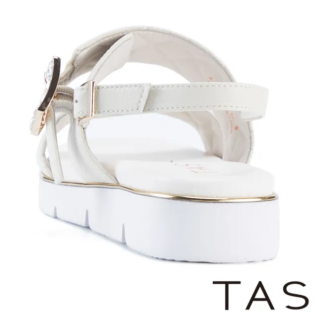 【TAS】水鑽飾釦菱格縫線真皮厚底涼鞋(米白)