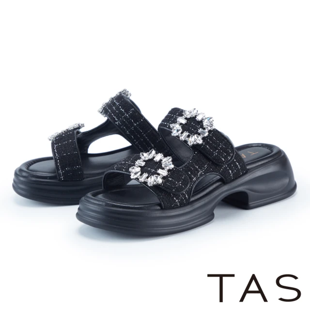 TAS 混織毛呢方鑽飾釦厚底拖鞋(黑色)