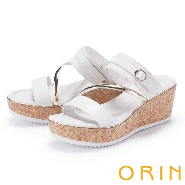 ORIN 金屬飾條羊皮坡跟厚底拖鞋(白色)好評推薦