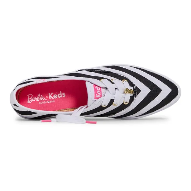 【Keds】BARBIE POINT STRIPED 芭比聯名時髦條紋尖頭厚底帆布休閒鞋-黑白(9241W234998)