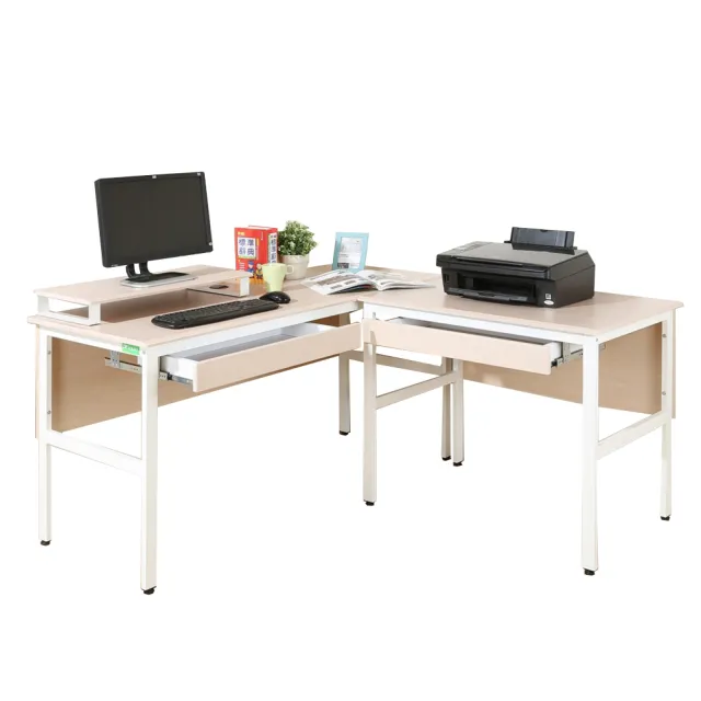 【DFhouse】頂楓150+90公分大L型工作桌+2抽屜+桌上架-楓木色