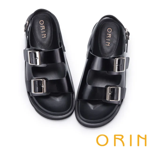 【ORIN】寬版雙帶釦牛皮平底涼鞋(黑色)