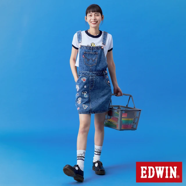 【EDWIN】女裝 BT21徽章吊帶丹寧短裙(石洗藍)