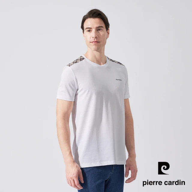 pierre cardin 皮爾卡登pierre cardin 皮爾卡登 商務休閒 男款 肩配格紋短袖圓領T恤-白色(5247280-90)