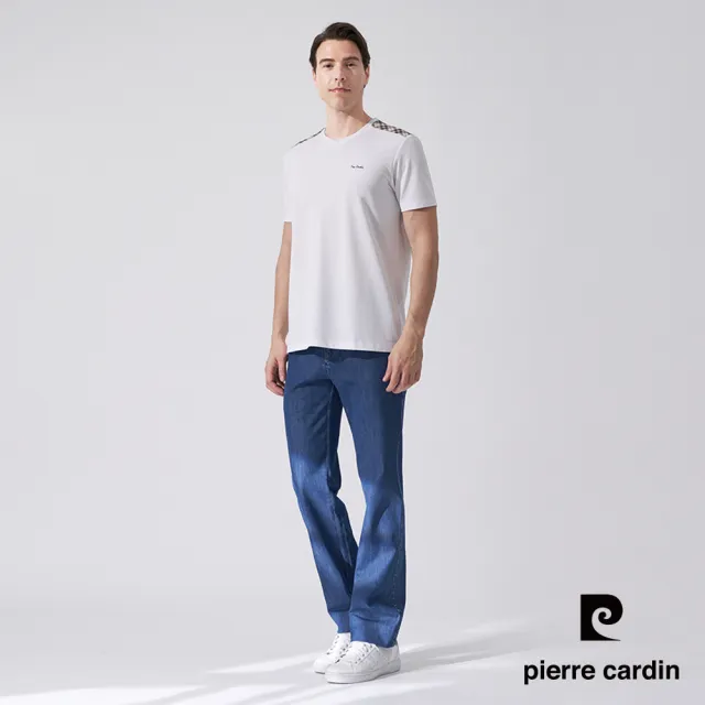 【pierre cardin 皮爾卡登】商務休閒 男款 肩配格紋短袖圓領T恤-白色(5247280-90)