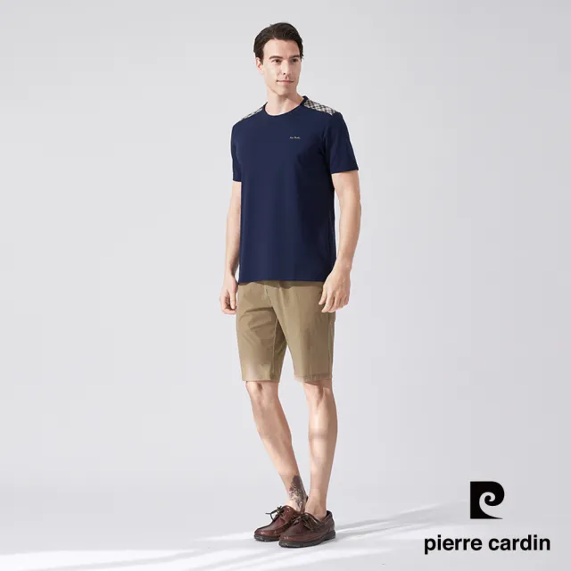 【pierre cardin 皮爾卡登】商務休閒 男款 肩配格紋短袖圓領T恤-丈青色(5247280-38)