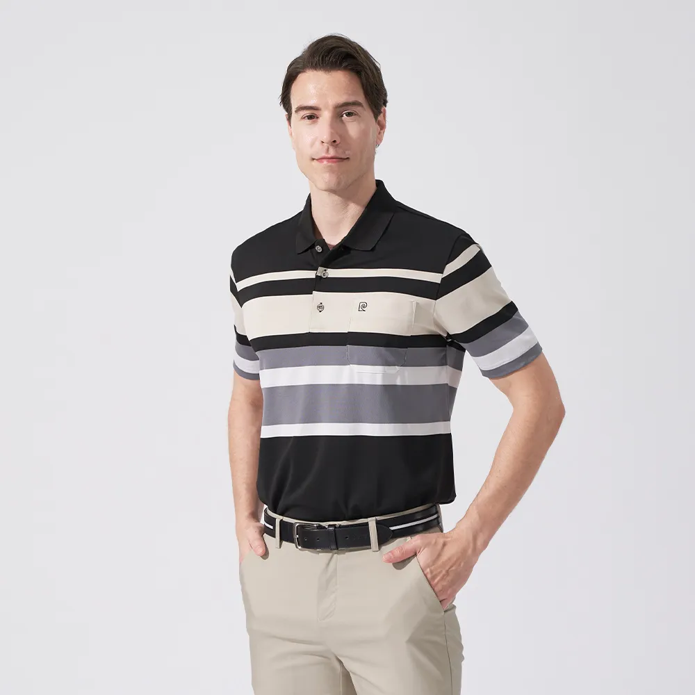 【pierre cardin 皮爾卡登】休閒服飾 男款 TOP定位橫條短袖POLO衫-黑色(5247289-99)