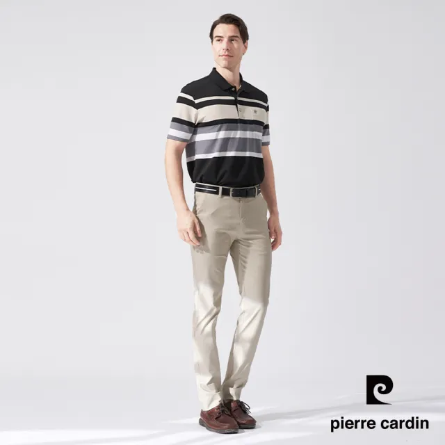 【pierre cardin 皮爾卡登】休閒服飾 男款 TOP定位橫條短袖POLO衫-黑色(5247289-99)