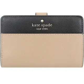 【KATE SPADE】Madison黑X奶茶拼接防刮皮革小桃心釦式零錢袋中夾