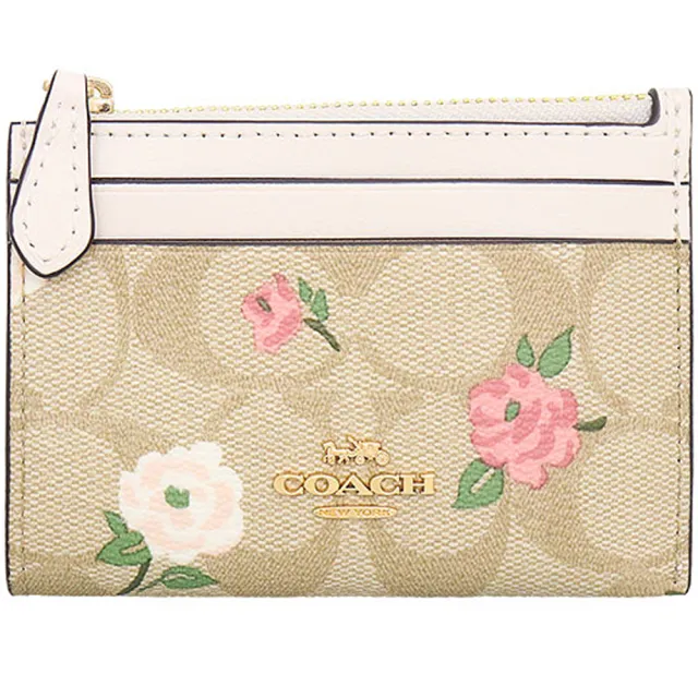 【COACH】玫瑰X白X淺卡其PVC滿版LOGO拉鍊式零錢包