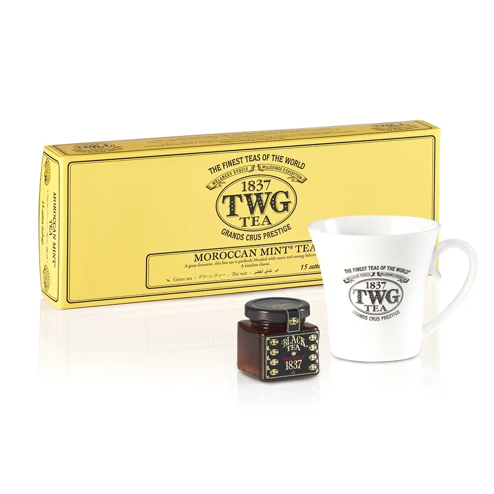 【TWG Tea】茗茶饗宴禮物組(手工純棉茶包 15包/盒 綠茶任選+果醬+馬克杯)