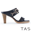 【TAS】雙帶壓紋牛皮高跟涼拖鞋(黑色)