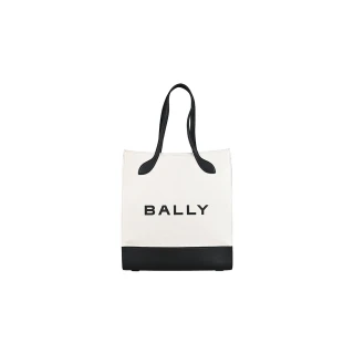 【BALLY】Bar經典黑字LOGO帆布拼接皮革手提托特包(白x黑)