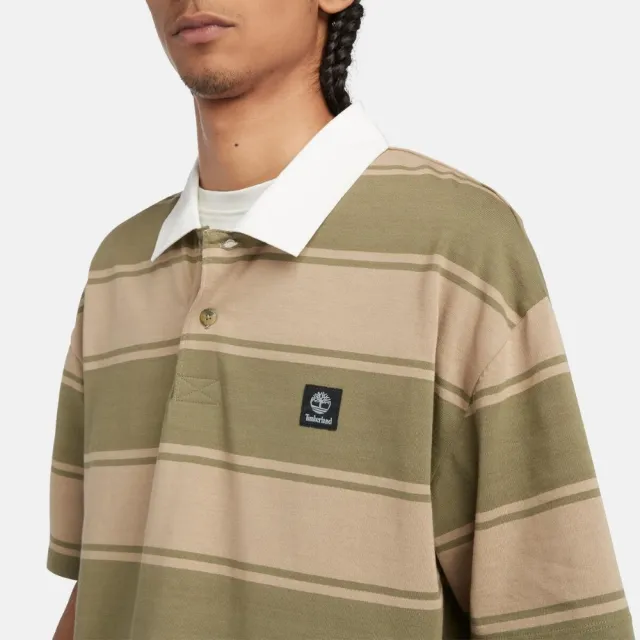 【Timberland】男款灰綠色條紋短袖Polo衫(A42E5B39)