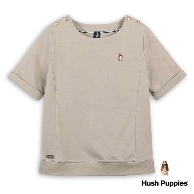 Hush Puppies 女裝 上衣 素雅肩釦飾袖反摺刺繡小狗上衣(卡其色 / 43210202)