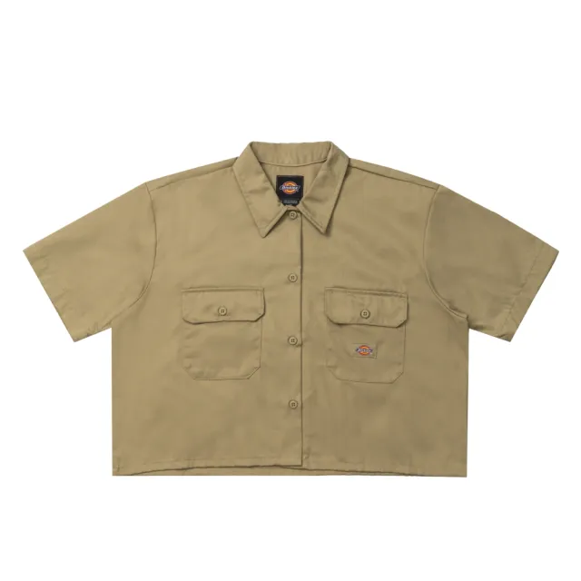 【Dickies】女款卡其色斜紋短版雙口袋經典工裝短袖襯衫｜DK012454KHK