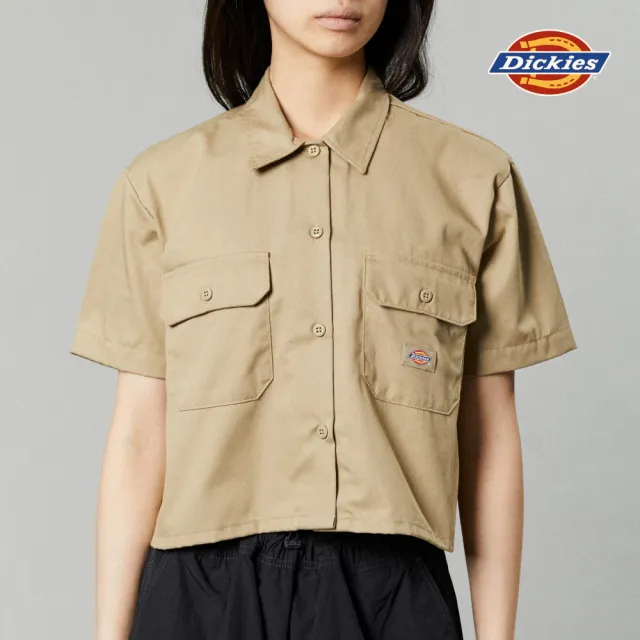 【Dickies】女款卡其色斜紋短版雙口袋經典工裝短袖襯衫｜DK012454KHK