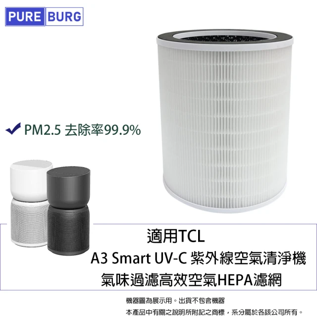 PUREBURG 適用TCL A3 Smart UV-C 紫外線空氣清淨機氣味過濾高效空氣HEPA濾網濾芯