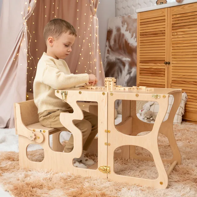 【Wood&Hearts】烏克蘭製 2way蒙式學習塔桌椅組 多款可選(廚房幫手椅 多功能 摺疊兒童桌椅)