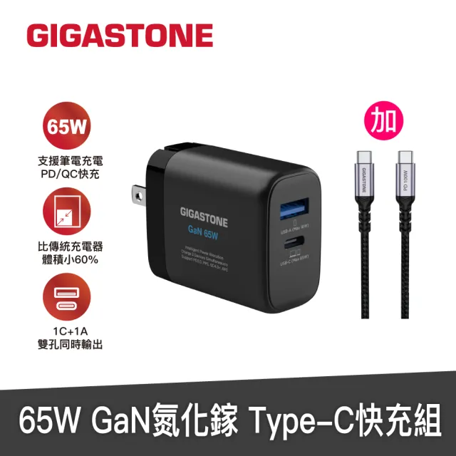 【GIGASTONE 立達】GaN 65W氮化鎵Type-C雙孔快充充電器+C to C 100W快充傳輸線(iPhone16/筆電快充充電頭組)