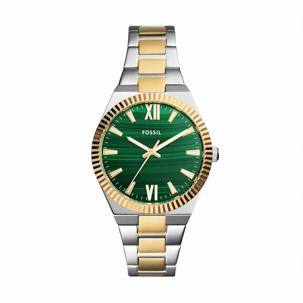 【FOSSIL 官方旗艦館】Scarlette 復古孔雀石綠女錶 金色x銀色不鏽鋼鍊帶指針手錶 38MM ES5334