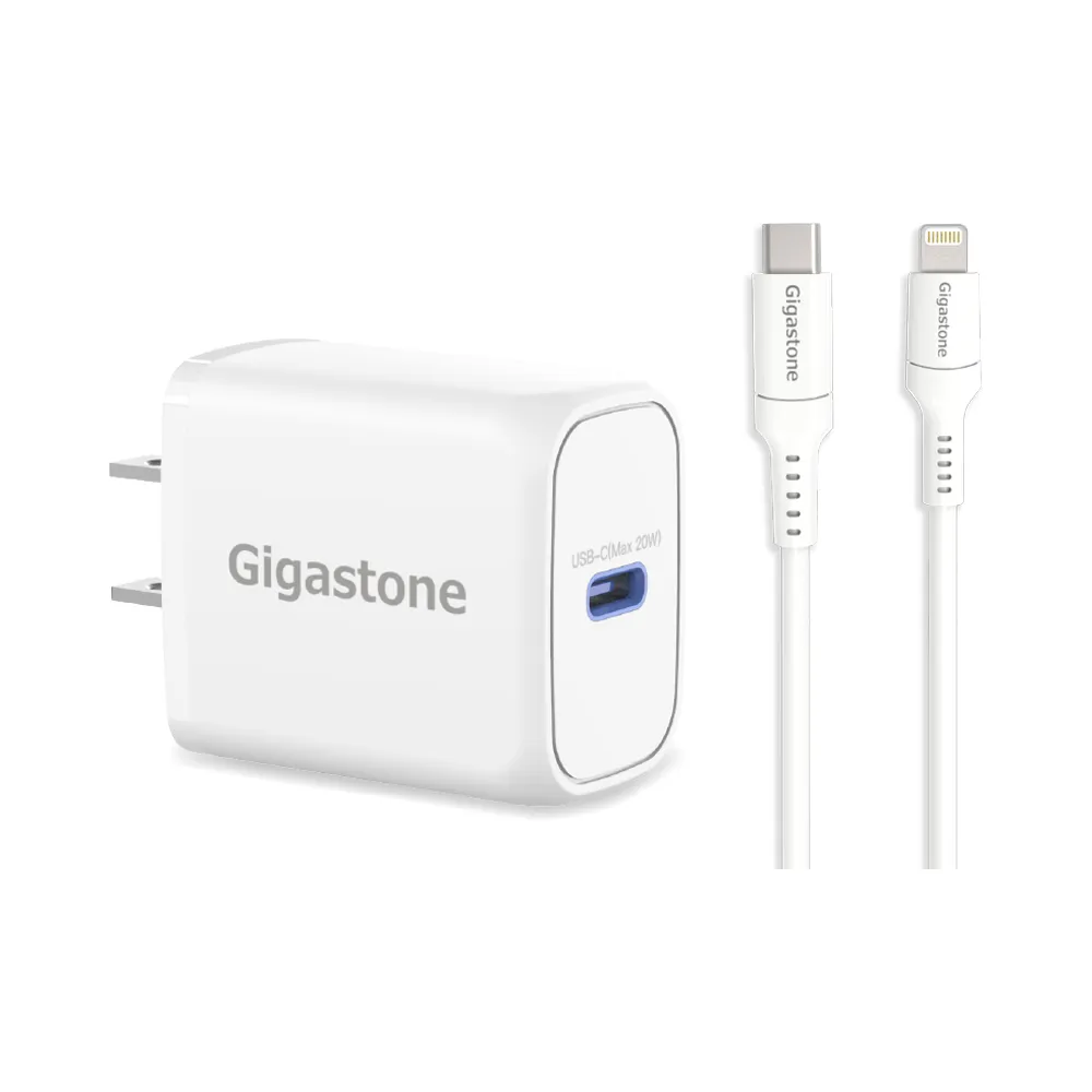 【GIGASTONE 立達】PD/QC3.0 20W單孔快充充電器+C to Lightning MFi充電線(iPhone 14/13/12快充充電頭組)