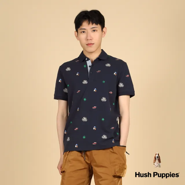 【Hush Puppies】男裝 POLO衫 滿版品牌趣味造型刺繡短袖POLO衫(丈青 / 43101104)