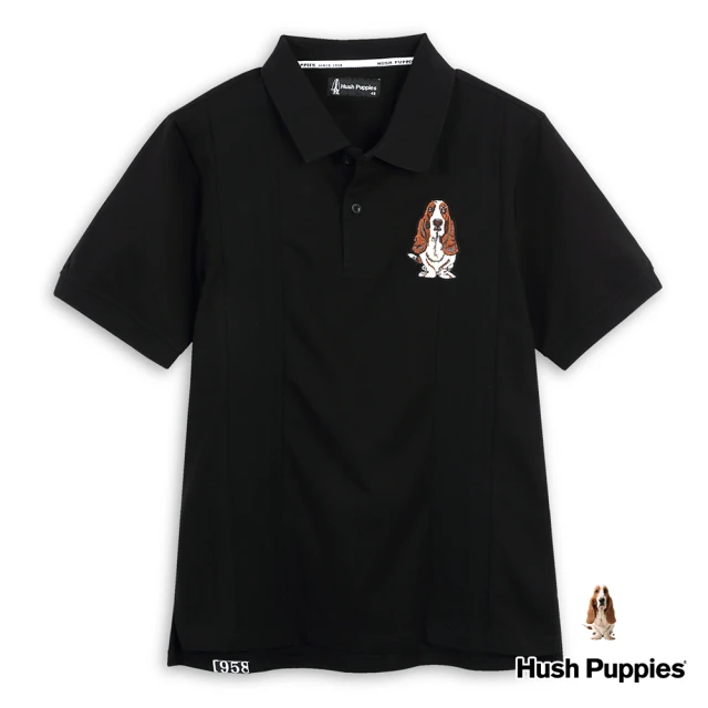 Hush Puppies 男裝 POLO衫 拼接經典品牌刺繡狗寬鬆版POLO衫(黑色 / 43101204)