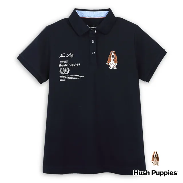 【Hush Puppies】女裝 POLO衫 運動風品牌英文印花刺繡狗POLO衫(丈青 / 43201102)