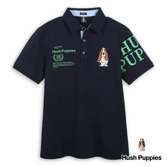 【Hush Puppies】男裝 POLO衫 運動風品牌英文印花刺繡狗POLO衫(丈青 / 43101102)