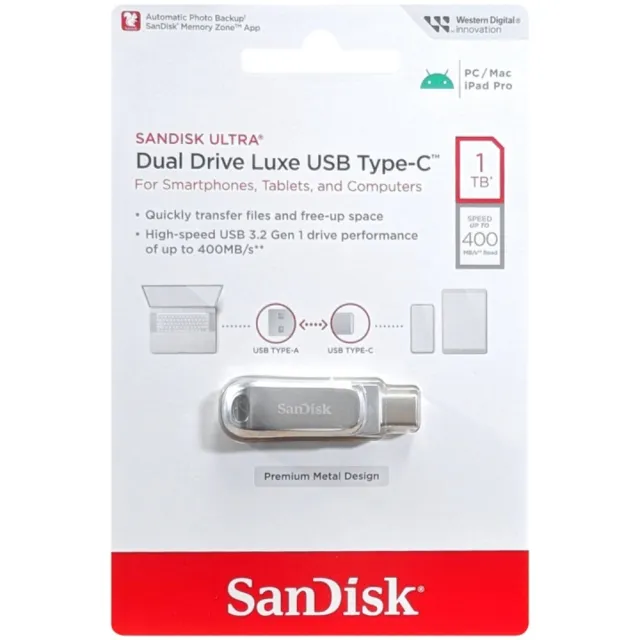 【SanDisk 晟碟】[全新版] 1 TB Ultra Luxe TYPE-C USB 3.2 雙用隨身碟(5年保固　最高讀速400MB/s)