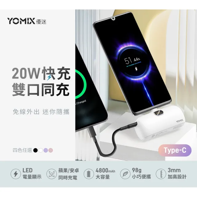 【YOMIX 優迷】4800mAh 20W Type-C快充直插口袋行動電源+Type C to Type C 65W快充傳輸/充電線1M