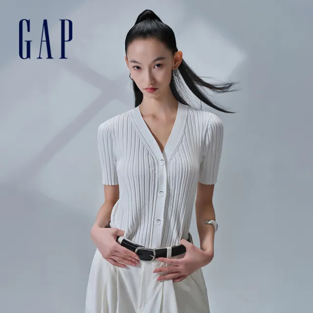 【GAP】女裝 V領短袖針織衫-白色(512561)