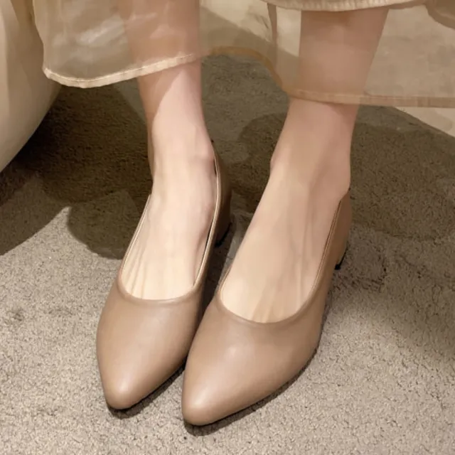【baibeauty 白鳥麗子】MIT知性優雅素面皮革尖頭低跟包鞋(粗跟鞋)