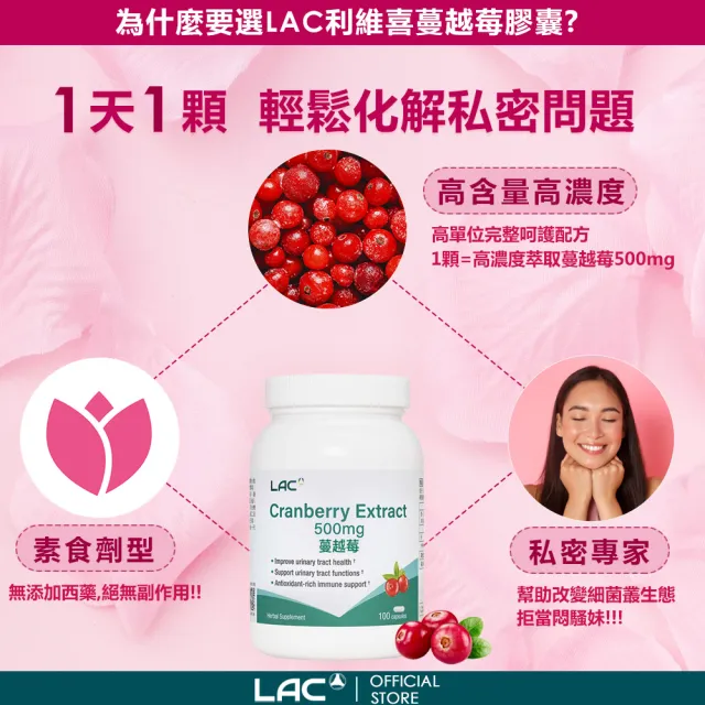 【LAC 利維喜】蔓越莓膠囊x1入組(共100顆/私密呵護/保護秘密基地/素食可)