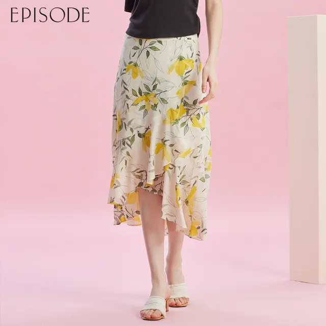 【EPISODE】柔軟蠶絲印花不規則荷葉邊長裙E43112(黃)