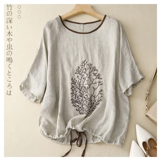 【ASister 小姊姊】AS0247#棉麻上衣☆刺繡花圓領寬鬆透氣棉麻上衣/T恤(4色 M-2XL)