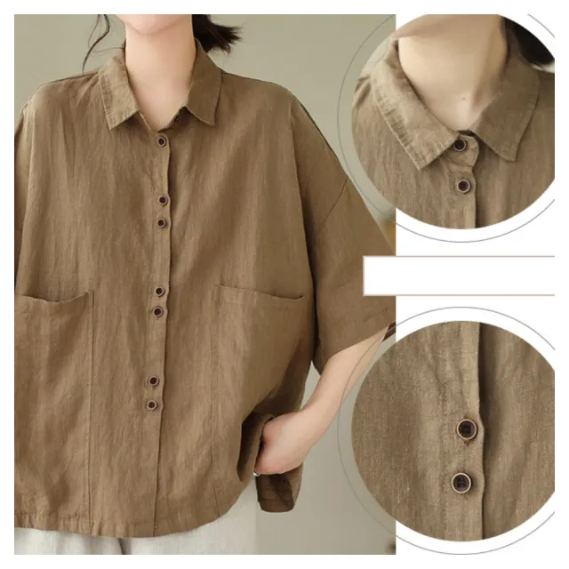 【ASister 小姊姊】棉麻上衣☆文藝寬鬆翻領排釦棉麻上衣/襯衫(3色 M-2XL #AS0244)