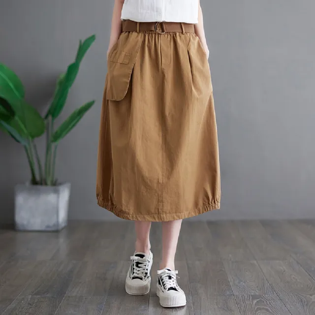 【LANNI 藍尼】★附腰帶工裝感A字裙(女裝/洋裝/套裝/長版上衣/連身裙)