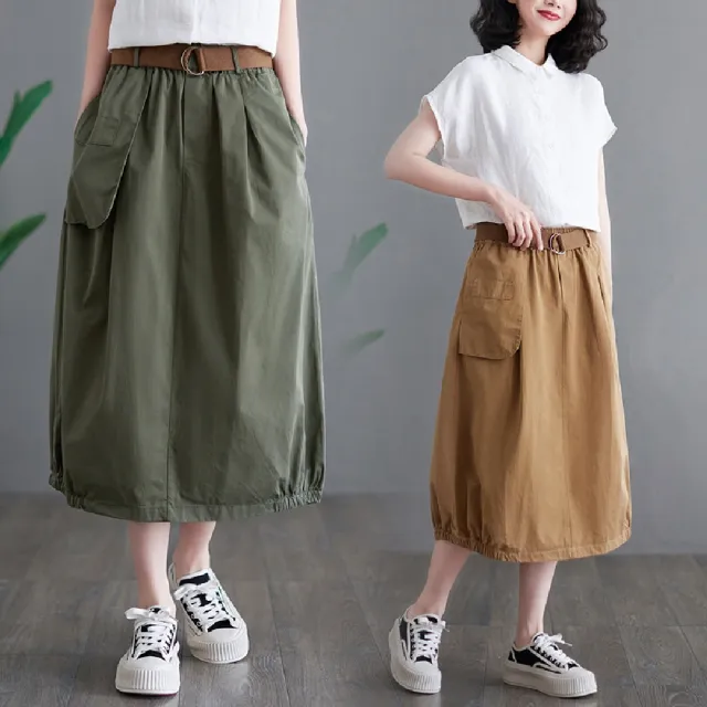 【LANNI 藍尼】★附腰帶工裝感A字裙(女裝/洋裝/套裝/長版上衣/連身裙)