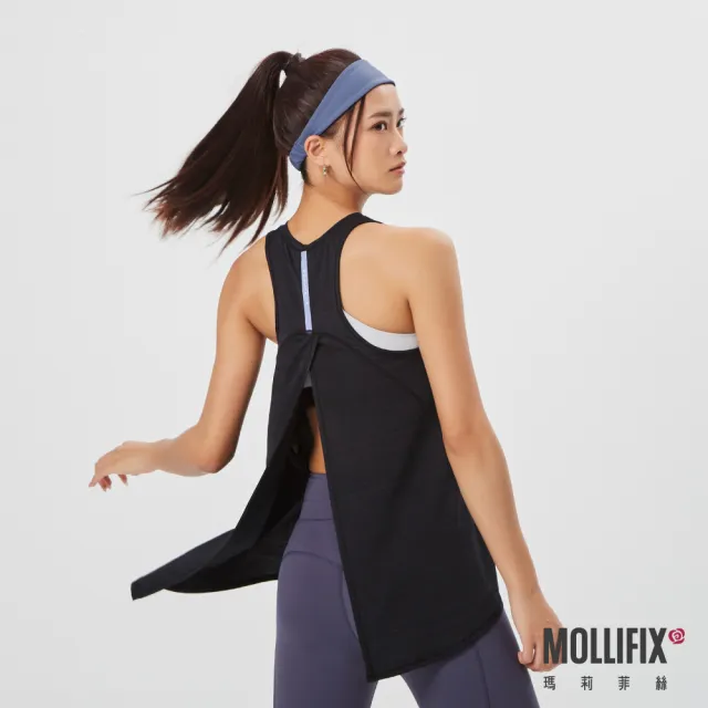 【Mollifix 瑪莉菲絲】涼感後開衩訓練背心、瑜珈上衣、瑜珈服(3色任選)