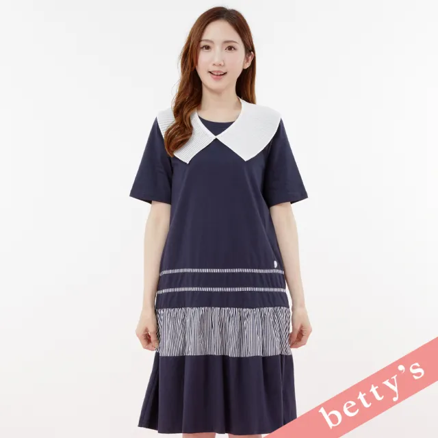 【betty’s 貝蒂思】百褶領片撞色拼接短袖洋裝(深藍)