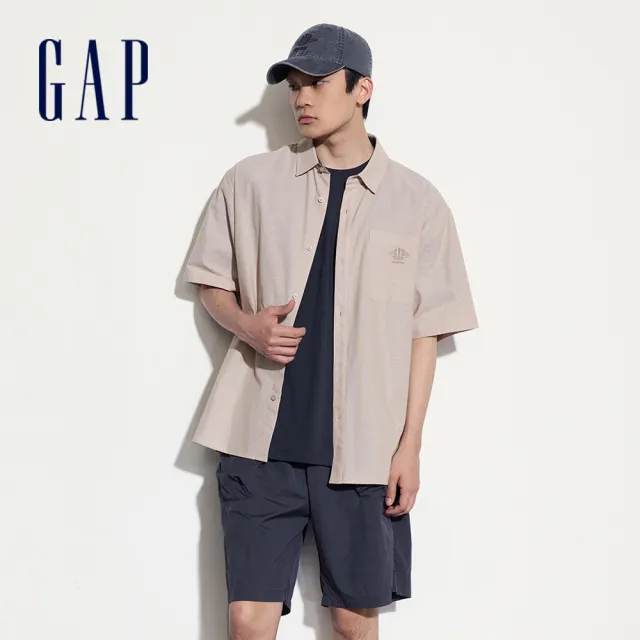 【GAP】男裝 Logo亞麻翻領短袖襯衫-多色可選(464288&461256&885844)