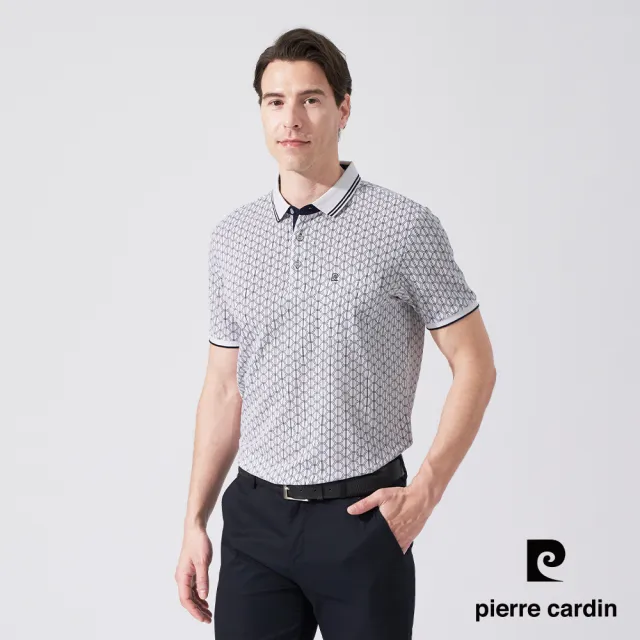【pierre cardin 皮爾卡登】休閒服飾 男款 網眼印花短袖POLO衫-白色(5247268-90)