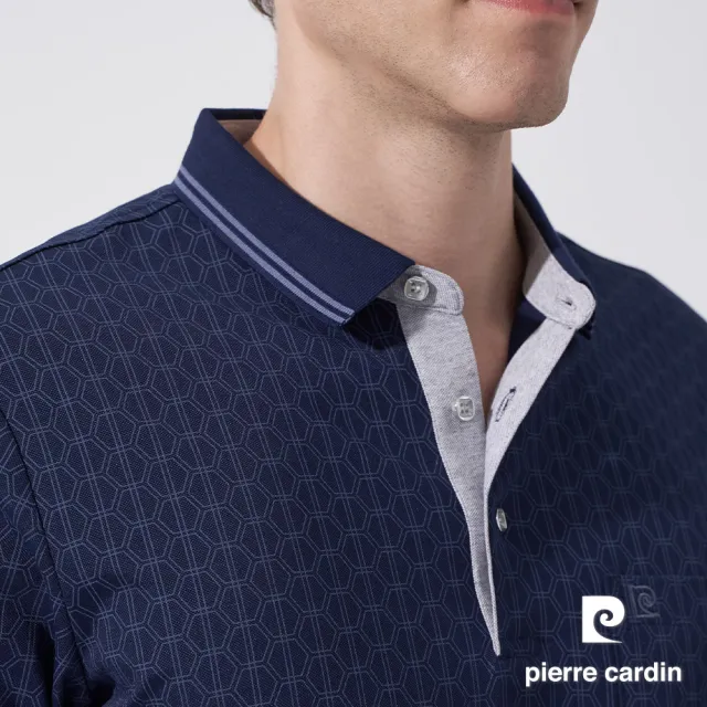 【pierre cardin 皮爾卡登】休閒服飾 男款 網眼印花短袖POLO衫-深藍色(5247268-38)