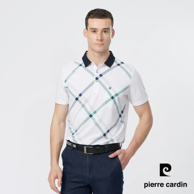 【pierre cardin 皮爾卡登】商務休閒 男款 胸前印大斜格短袖POLO衫-白色(5247267-90)