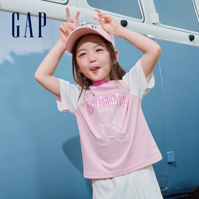 GAP 女幼童裝 Logo純棉小熊印花圓領短袖T恤-粉色(467758)